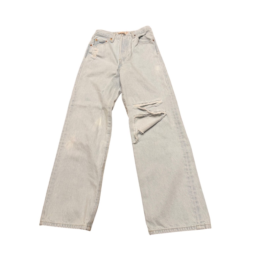 Levis Ribcage Straight Ankle Jeans 24 Light Wash Distressed High Rise Denim